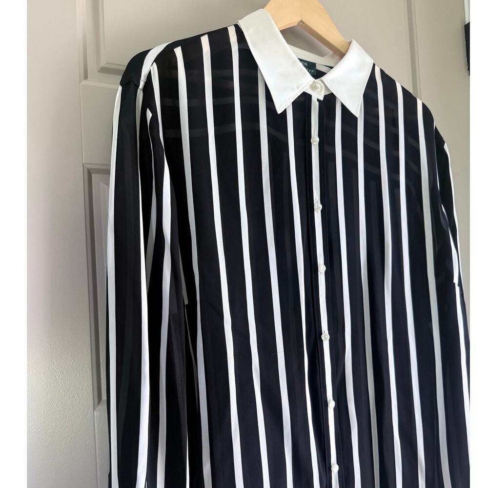 RALPH LAUREN vintage black white striped 100% silk button down shirt top blouse - Picture 2 of 13